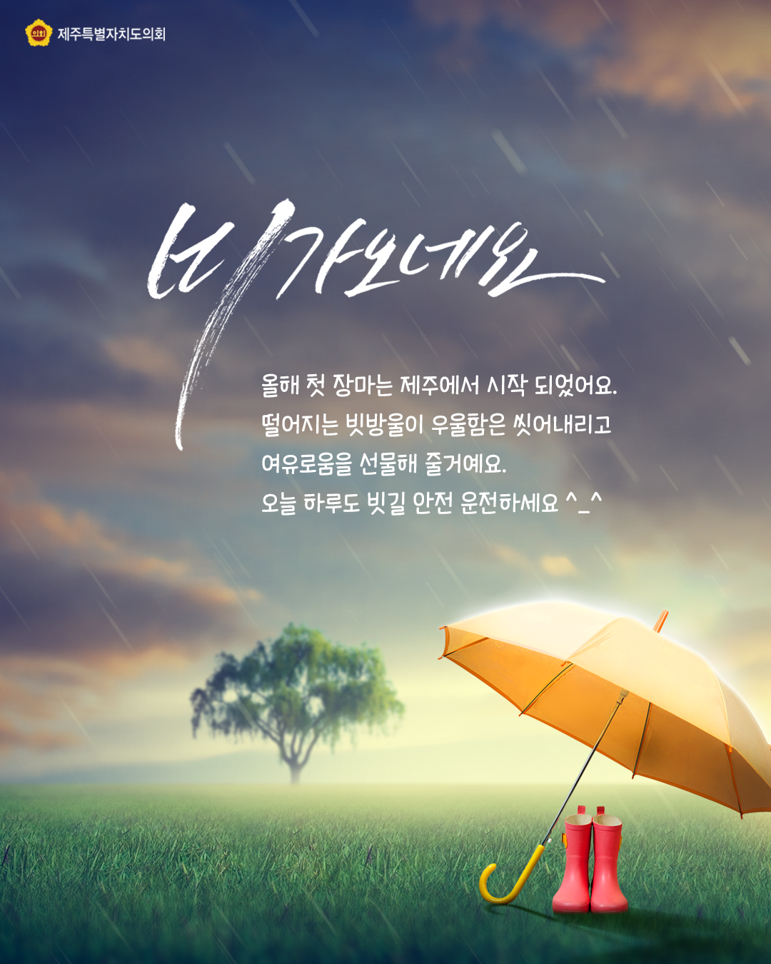 올해 첫 장마는 제주에서 시작되었어요 떨어지는 빗방울이 우울함을 씻어내리고 여유로움을 선물해 줄꺼예요~ 오늘하루도 빗길 안전운전하세요