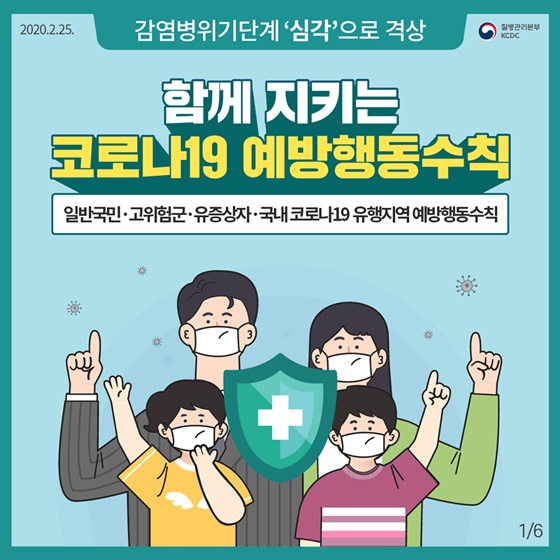 감염병위기단게 '심각'으로 격상, 함께 지키는 코로나19 예방행동 수칙(일반국민, 고위험군, 유증상자, 국내코로나19 유행지역 예방행동수칙)