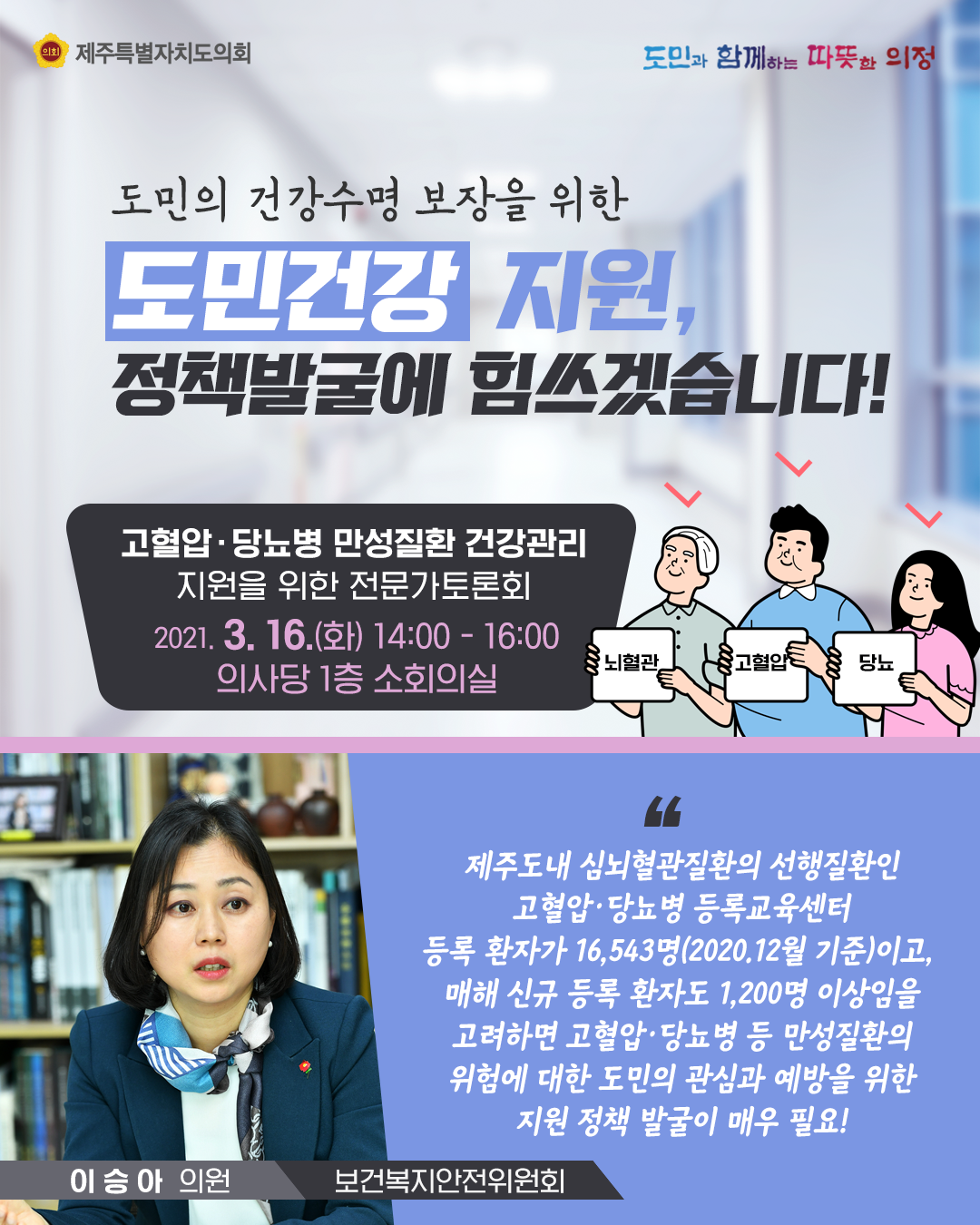 도민의 건강수명 보장을 위한 도민건강 지원, 정책발굴에 힘쓰겠습니다.  고혈압 및 당뇨병 만성질환 건강관리 지원을 위한 전문가토론회   2021.3.16(화) 14:00-16:00 의사당 1층 소회의실    -제주도내 심뇌혈관질환의 선행질환인 고혈압과 당뇨병 등록교육센터 등록환자가 16,543명(2020.12월기준)이고, 매해 신규 등록 환자도 1,200명이상임을 고려하면 고혈압과 당뇨병 등 만성질환의 위험에 대한 도민의 관심과 예방을 위한 지원정책발굴이 매우 필요!(보건복지안전위원회 이승아의원)