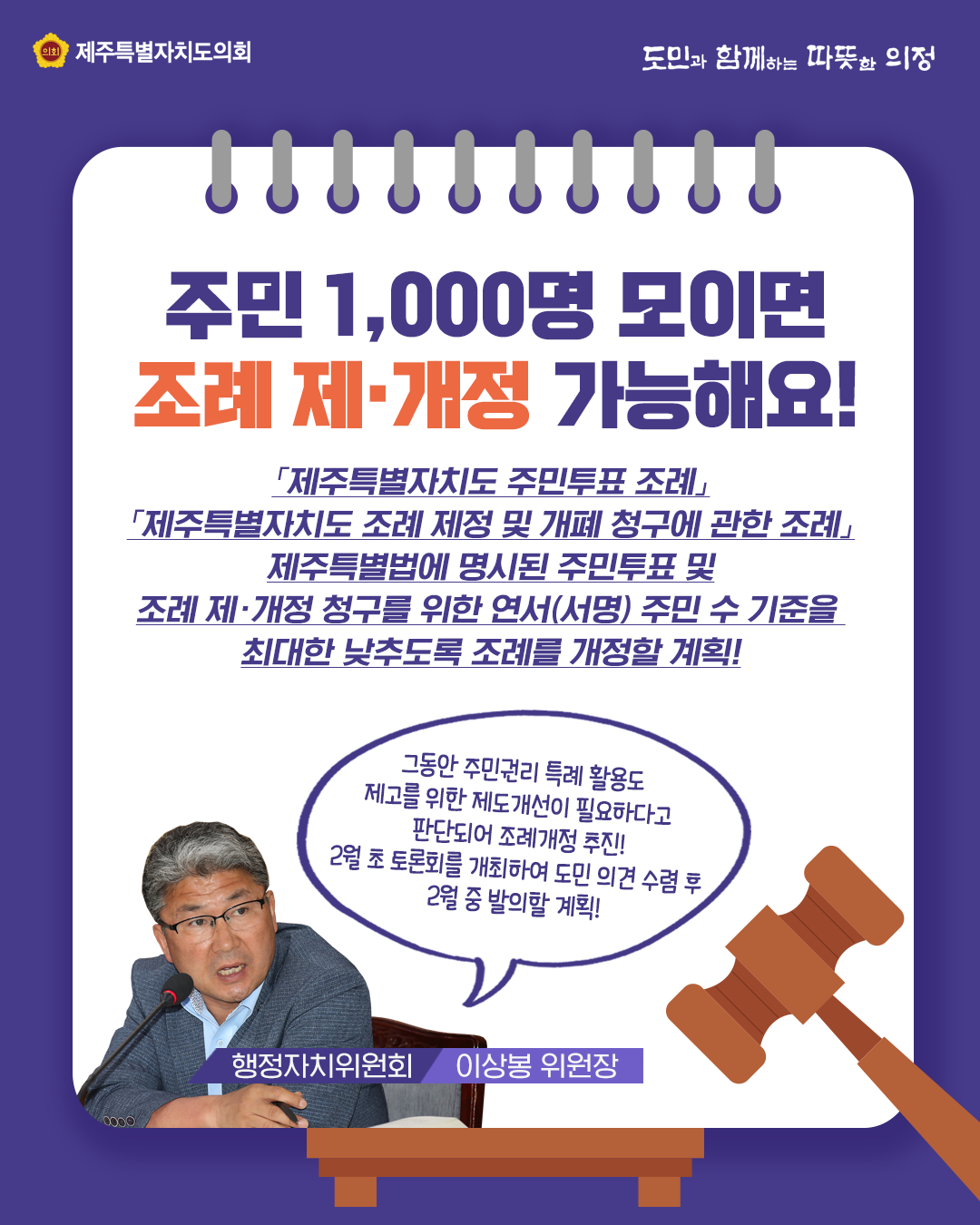 주민 1,000명 모이면 조례 제개정 가능해요! '제주특별자치도 주민투표 조례' '제주특별자치도 조례 제정 및 개폐청구에 관한 조례' 제주특별법에 명시된 주민투표 및 조례 제개정 청구를 위한 연서(서명)주민 수 기준을 최대한 낮추도록 조례를 개정할 계획!   그동안 주민권리 특례활용도 제고를 위한 제도개선이 필요하다고 판단되어 조례개정 추진!   2월초 토론회를 개최하여 도민 의견 수렴 후 2월 중으로 발의할 계획! (행정자치위원회 이상봉 위원장)
