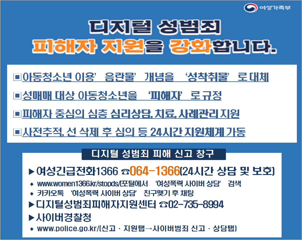 디지털성범죄 미성년자 피해지원과 피해자 지원 창구 ☎ 064-1366