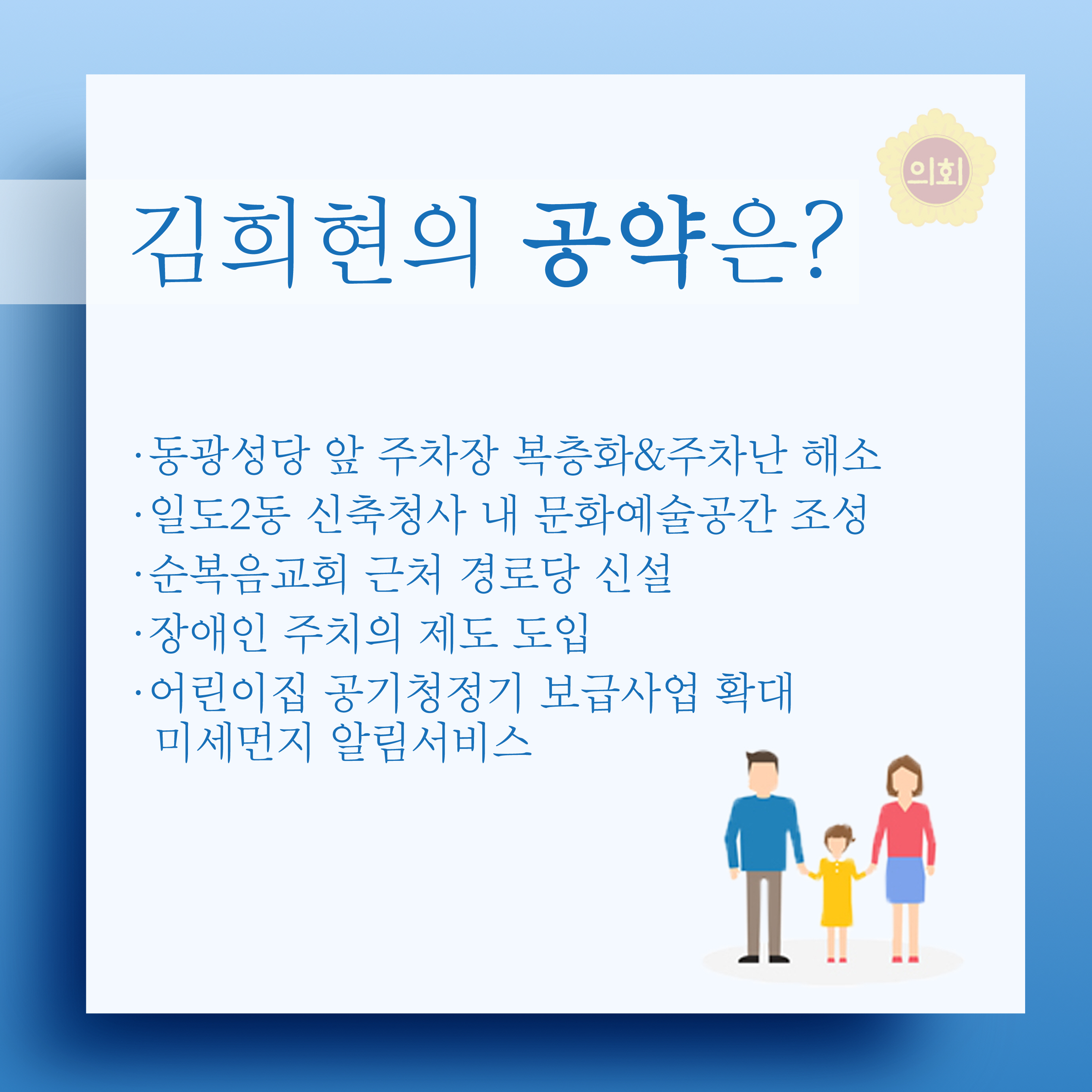 김희현의 공약은? •동광성당 앞 주차장 복층화&주차난 해소 •일도2동 신축청사 내 문화예술공간 조성 •순복음교회 근처 경로당 신설 •장에인 주치의 제도 도입 •어린이집 공기청정기 보급사업 확대 미세먼지 알림서비스 