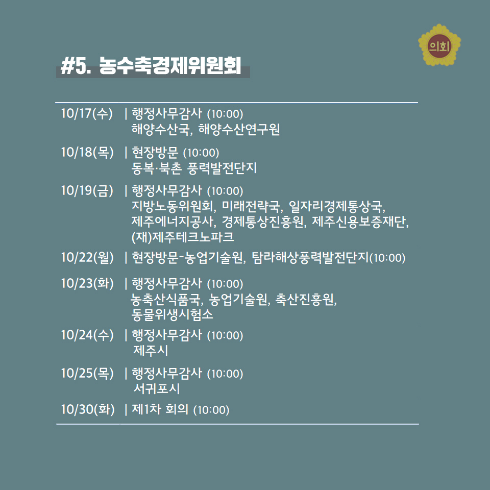 #5. 농수축경제위원회 -10/17(수) | 행정사무감사 (10:00) 해양수산국, 해양수산연구원 -10/18(목) | 현장방문 (10:00) 동복•북촌 풍력발전단지 -10/19(금) 행정사무감사 (10:00) 지방노동위원회, 미래전략국, 일자리경제통상국, 제주에너지공사, 경제통상진홍원, 제주신용보증재단, (재)제주테크노파크 -10/22(월) | 현장방문-농업기술원, 탐라해상풍력발전단지(10:00) -10/23(화) | 행정사무감사 (10:00) 농축산식품국, 농업기술원, 축산진흥원, 동물위생시험소 -10/24(수) | 행정사무감사 (10:00) 제주시 -10/25(목) | 행정사무감사 (10:00) 서귀포시 -10/30(화) | 제1차 회의 (10:00)
