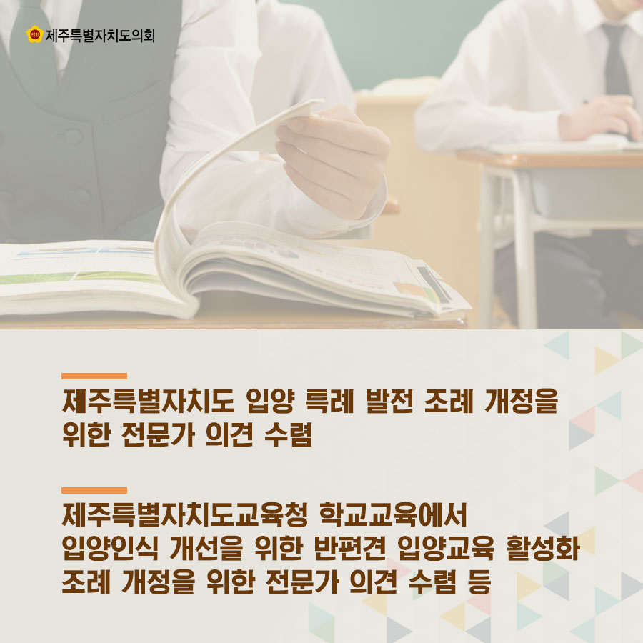 -제주특별자치도 입양 특례 발전 조례 개정을 위한 전문가 의견 수림  -제주특별자치도교육청 학교교육에서 입양인식 개선을 위한 반편견 입양교육 활성화 조례 개정을 위한 전문가 의견 수렴 등 