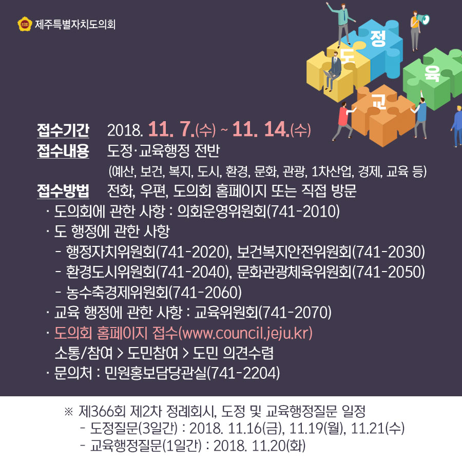 접수기간_2018.11.7.(수)~11.14.(수) 접수내용_도정,교육행정 전반(예산, 보건, 복지, 도시, 환경, 문화, 관광, 1차산업, 경제, 교육 등) 접수방법_전화, 우편, 도의회 홈페이지 또는 직접 방문 -도의회에 관한 사항 : 의회운영위원회(741-2010) -도 행정에 관한 사항 _행정자치위원회(741-2020), 보건복지안전위원회(741-2030) _환경도시위원회(741-2040), 문화관광체육위원회(741-2050) _농수축경제위원회(741-2060) -교육 행정에 관한 사항 : 교육위원회(741-2070) -도의회 홈페이지 접수(www.council.jeju.kr) 소통/참여 > 도민참여 > 도민 의견수렴 -문의처 : 민원홍보담당관실(741-2204) ※ 제366회 제2차 정례회시, 도정 및 교육행정질문 일정 -도정질문(3일간) : 2018.11.16(금), 11.19(월), 11.21(수) -교육행정질문(1일간) : 2018.11.20(화)