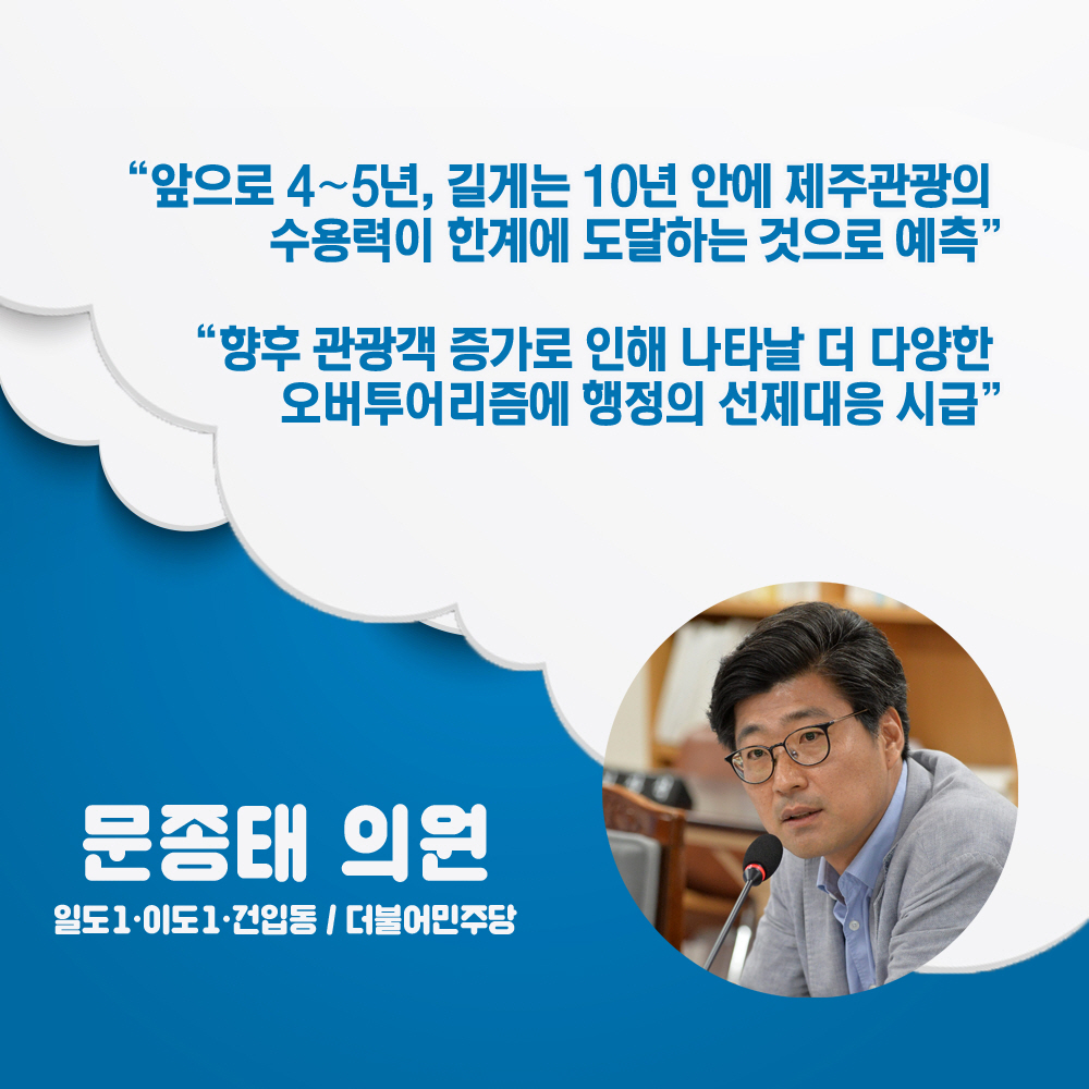 문종태 의원 일도1 · 이도1 · 건입동 / 더불어민주당 '앞으로 4~5년, 길게는 10년 인에 제주관광의 수용력이 한계에 도달하는 것으로 예측' '향후 관광객 증가로 인해 나타날 더 다양한 오버투어리즘에 행정의 선제대응 시급' 