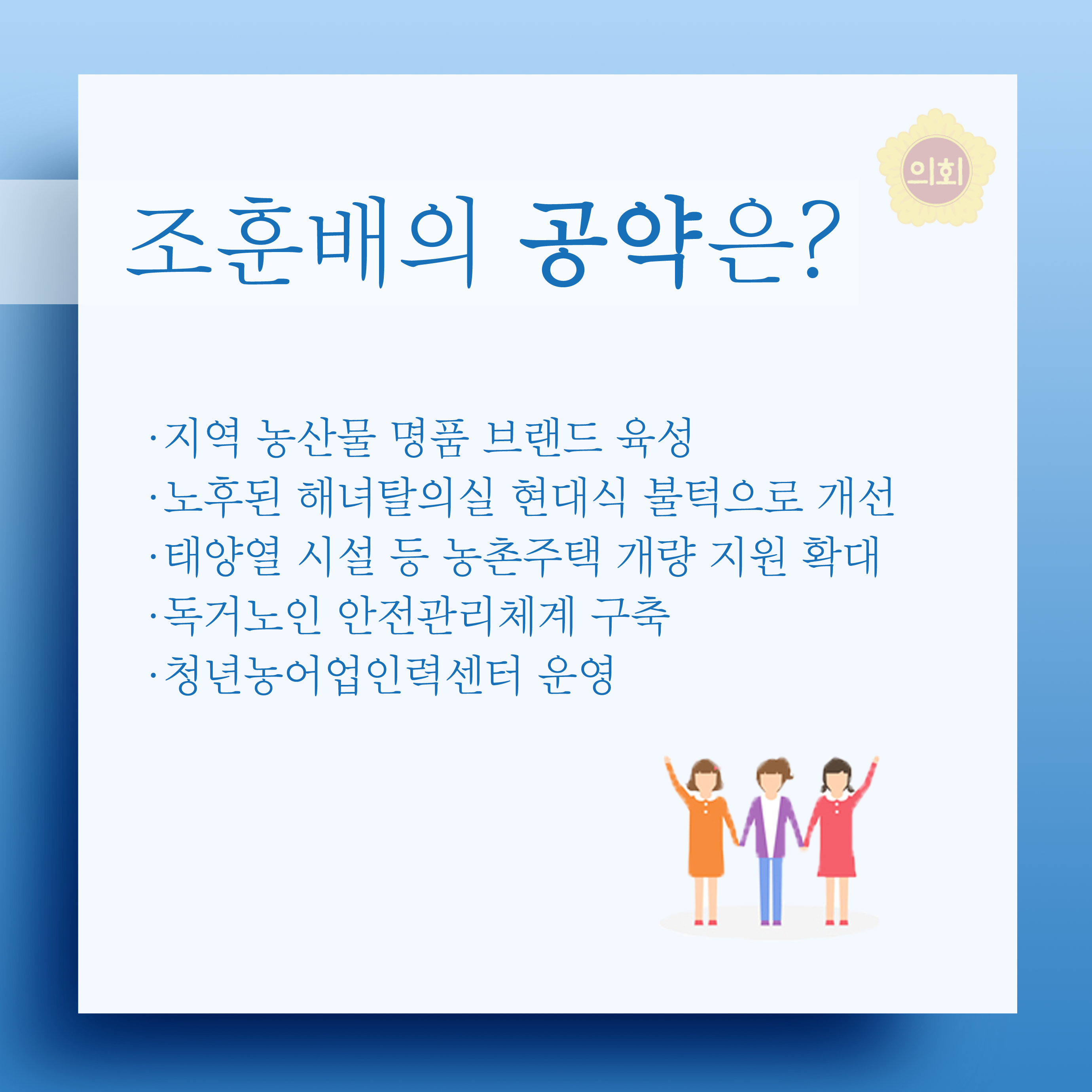 조훈배의 공약은? •지역 농산물 명품 브랜드 육성 •노후된 해녀탈의실 현대식 불턱으로 개선 •태양열 시설 등 농촌주택 개량 지원 확대 •독거노인 안전관리체계 구축 •청년농어업인력센터 운영 