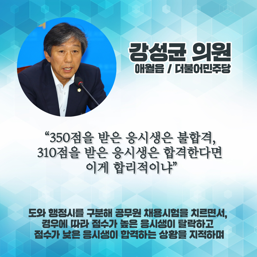 강성균 의원 애월읍 / 더불어민주당 '350점을 받은 응시생은 불합격, 310점을 받은 응시생은 합격한다면 이게 합리적이냐' 도와 행정시를 구문해 공무원 채용시험을 치르면서, 경우에 따라 점수가 높은 응시생이 탈락하고 점수가 낮은 응시생이 합격하는 상황을 지적하며