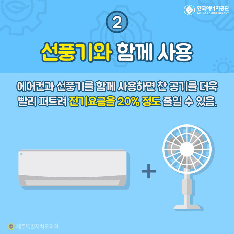 2. 선풍기와 함께 사용 에어컨과 선풍기를 함께 사용하면 찬 공기를 더욱 빨리 퍼트려 전기요금을 20% 정도 줄일 수 있음.