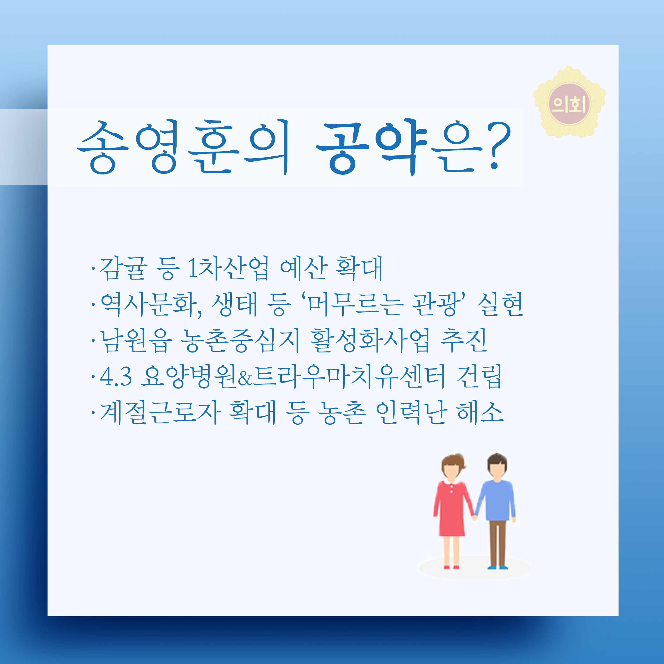 송영훈의 공약은? •감귤 등 1차산업 예산 확대 •역사문화, 생태 등 '머무르는 관광' 실현 •남원읍 농촌중심지 활성화사업 추진 •4.3 요양병원&트라우마치유센터 건립 •계절근로자 확대 등 농촌 인력난 해소 