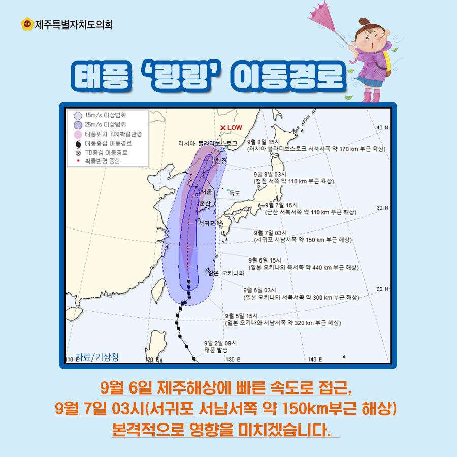 태풍 '링링' 이동경로 9월 6일 제주해상에 빠른 속도로 접근, 9월 7일 03시(서귀포 서남서쪽 약 150km부근 해상) 본격적으로 영향을 미치겠습니다.