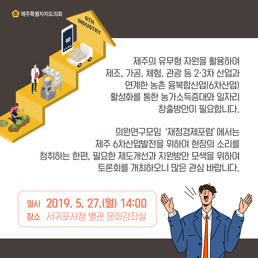 제주의 유무형 자원을 활용하여 제조, 가공, 체험, 관광 등 2·3차 산업과 연계한 농촌 융복합산업(6차산업) 활성화를 통한 농가소득증대와 일자리 창출방안이 필요합니다. 의원연구모임 '재정경제포럼' 에서는 제주 6차산업발전을 위하여 현장의 소리를 청취하는 한편, 필요한 제도개선과 지원방안 모색을 위하여 토론회를 개최하오니 많은 관심 바랍니다. 일시: 2019. 5. 27.(월) 14:00 장소: 서귀포시청 별관 문화강좌실