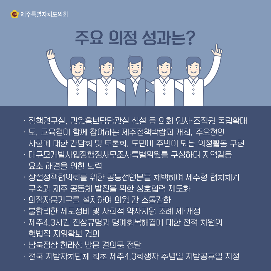 주요 의정 성과는? -정책연구실, 민원홍보담당관실 신설 등 의회 인사 · 조직권 독립확대 -도, 교육청이 함께 참여하는 제주정책박람회 개최, 주요현안사항에 대한 간담회 및 토론회, 도민이 주인이 되는 의정활동 구현 -대규모개발사업장행정사무조사특별위원를 구성하여 지역갈등 요소 해결을 위한 노력 -상설정책협의회를 위한 공동선언문을 채택하여 제주형 협치체계 구축과 제주 공동체 발전을 위한 상호협력 제도화 -의장자문기구를 설치하여 의원 간 소통강화 -불합리한 제도정비 및 사회적 약자지원 조례 제·개정 -제주4.3사건 진상규명과 명예회복해결에 대한 전적 차원의 헌법적 지위확보 건의 -남북정상 한라산 방문 결의문 전달 -전국  지방자치단체 최초 제주4.3희생자 추념일 지방공휴일 지정