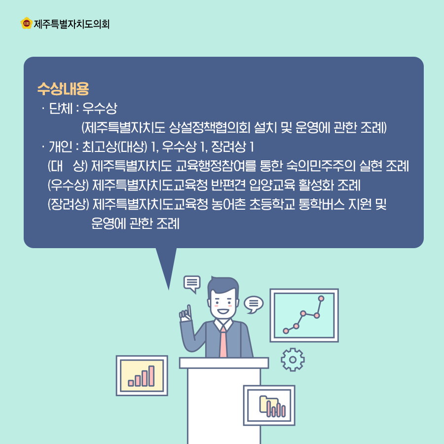 수상내용-단체:우수상(제주특별자치도 상설정책협의회 설치 및 운영에 관한 조례_  -개인:최고상(대상)1, 우수상1, 장려상1  (대상)제주특별자치도 교육행정참여를 통한 숙의민주주의 실현 조례  (우수상)제주특별자치도교육청 반편견 입양교육 활성화 조례  (장려상) 제주특별자치도교육청 농어촌 초등학교 통학버스 지원 및 운영에 관한 조례