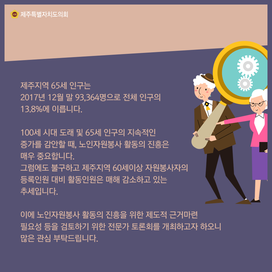 제주지역 65세인구는 2017년 12월말 93,364명으로 전체 인구의 13.8%에 이릅니다. 100세시대 도래 및 65세 인구의 지속적인 증가를 감안할 때 노인자원봉사 활동의 진흥은 매우 중요합니다. 그럼에도 불구하고 제주지역 60세이상 자원봉사자의 등록인원 대비 활동인원은 매해 감소하고 있는 추세입니다. 이에 노인자원봉사 활동의 진흥을 위한 제도적 근거마련 필요성등을 검토하기 위한 전문가 토론회를 개최하오니 많은 관심부탁드립니다.