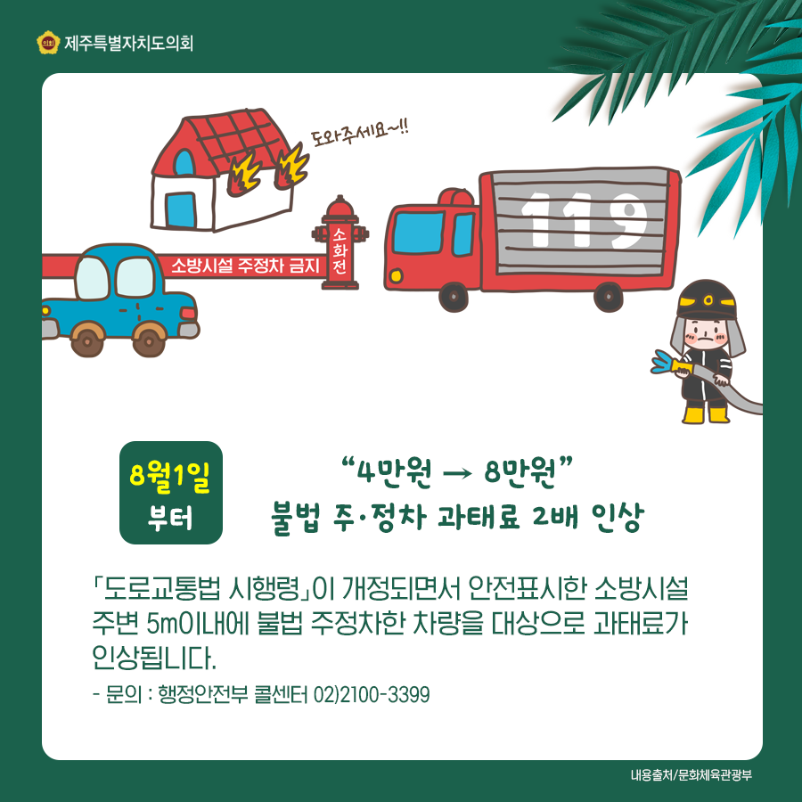 8월1일부터 4만원에서 8만원 불법주정차 과태료 2배인상됩니다.  도로교통법 시행령이 개정되면서 안전표시한 소방시설 주변 5m이내에 불법 주정차한 차량을 대상으로 과태료가 인상됩니다.  문의:행정안전부콜센터 02)2100-3399