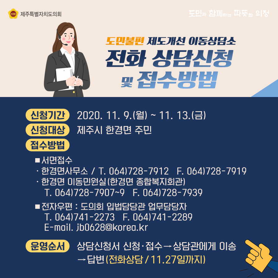 도민불편 제도개선 이동상담소 전화 상담신청 및 접수방법    ㆍ신청기간 : 2020. 11. 9.(월) ~ 11. 13.(금)  ㆍ신청방법 : 제주시 한경면 주민   ㆍ접수방법 : 서면접수 -한경면 사무소 tel064)728-7912 fax064)728-7919 -한경면 이동민원실(한경면 종합복지회관) tel064)728-7907~9, fax064)728-7939   -전자우편 : 도의회 입법담당관 업무담당자 tel064)741-2273  fax064)741-2289 e-mail.jb0628@korea.kr   운영순서 : 상담신청서 접수 -상담관에게 이송 -답변(전화상담은 11.27일까지)