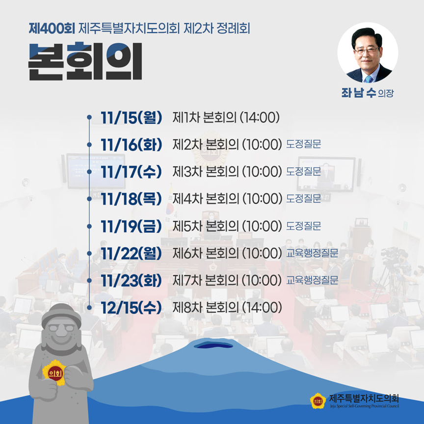 제400회 제주특별자치도의회 제2차 정례회 본회의(좌남수 의장) 11/15(월) 제1차 본회의(14:00) 11/16(화) 제2차 본회의(10:00)도정질문  11/17(수) 제3차 본회의(10:00)도정질문 11/18(목) 제4차 본회의(10:00)도정질문 11/19(금) 제5차 본회의(10:00)도정질문 11/22(월) 제6차 본회의(10:00)교육행정질문 11/23(화)제7차 본회의(10:00)교육행정질문 12/15(수) 제8차 본회의(14:00)