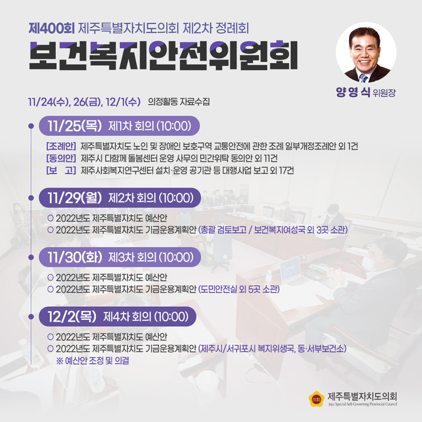 제400회 제주특별자치도의회 제2차 정례회 보건복지안전위원회(양영식위원장) 11/24(수), 26(금), 12/1(수) 의정활동 자료수집  ㆍ11/25(목)제1차 회의(10:00) [조례안]제주자치도 노인 및 장애인 보호구역 교통안전에 관한 조례 일부개정조례안 외 1건 [동의안]제주시 다함께 돌봄센터 운영 사무의 민간튀탁 동의안 외 11건 [보고]제주사회복지연구센터 설치및 운영 공기관 등 대행사업 보고 외 17건   ㆍ11/29(월) 제2차 회의(10:00) 2022년도 제주특별자치도 예산안  2022년도 제주특별자치도 기금운용계획안(총괄 검토보고/보건복지여성국 외 3곳 소관)  ㆍ11/30(화) 제3차 회의(10:00) 2022년도 제주특별자치도 예산안  2022년도 제주특별자치도 기금운용계획안(도민안전실 외 5곳 소관)  ㆍ12/2(목)제4차 회의(10:00)  