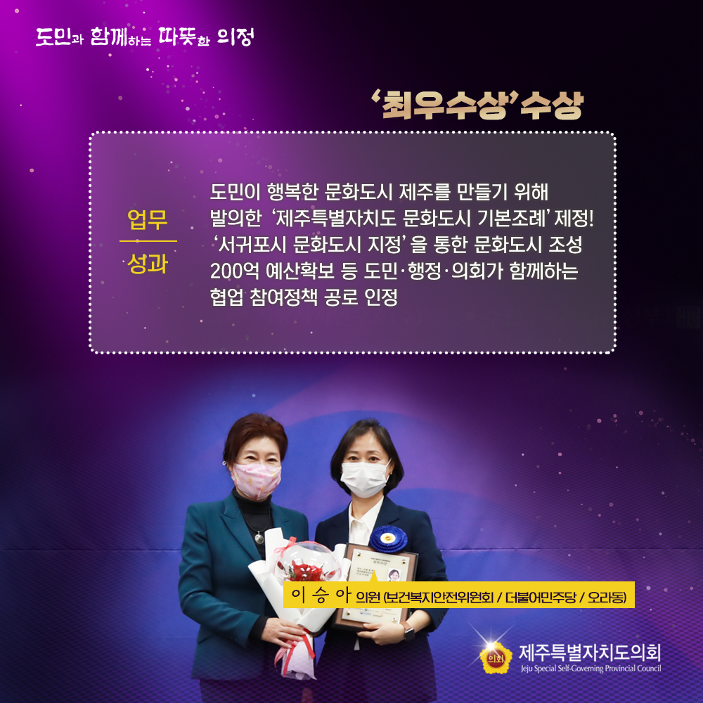 최우수상 수상(이승아 의원/보건복지안전위원회/더불어민주당/오라동)   업무성과 : 도민이 행복한 문화도시 제주를 만들기 위해 발의한 '제주특별자치도 문화도시 기본조례'제정!  서귀포시 문화도시 지정을 통한 문화도시 조성 200억 예산확보 등 도민, 행정, 의회가 함께하는 협업 참여정책 공로 인정