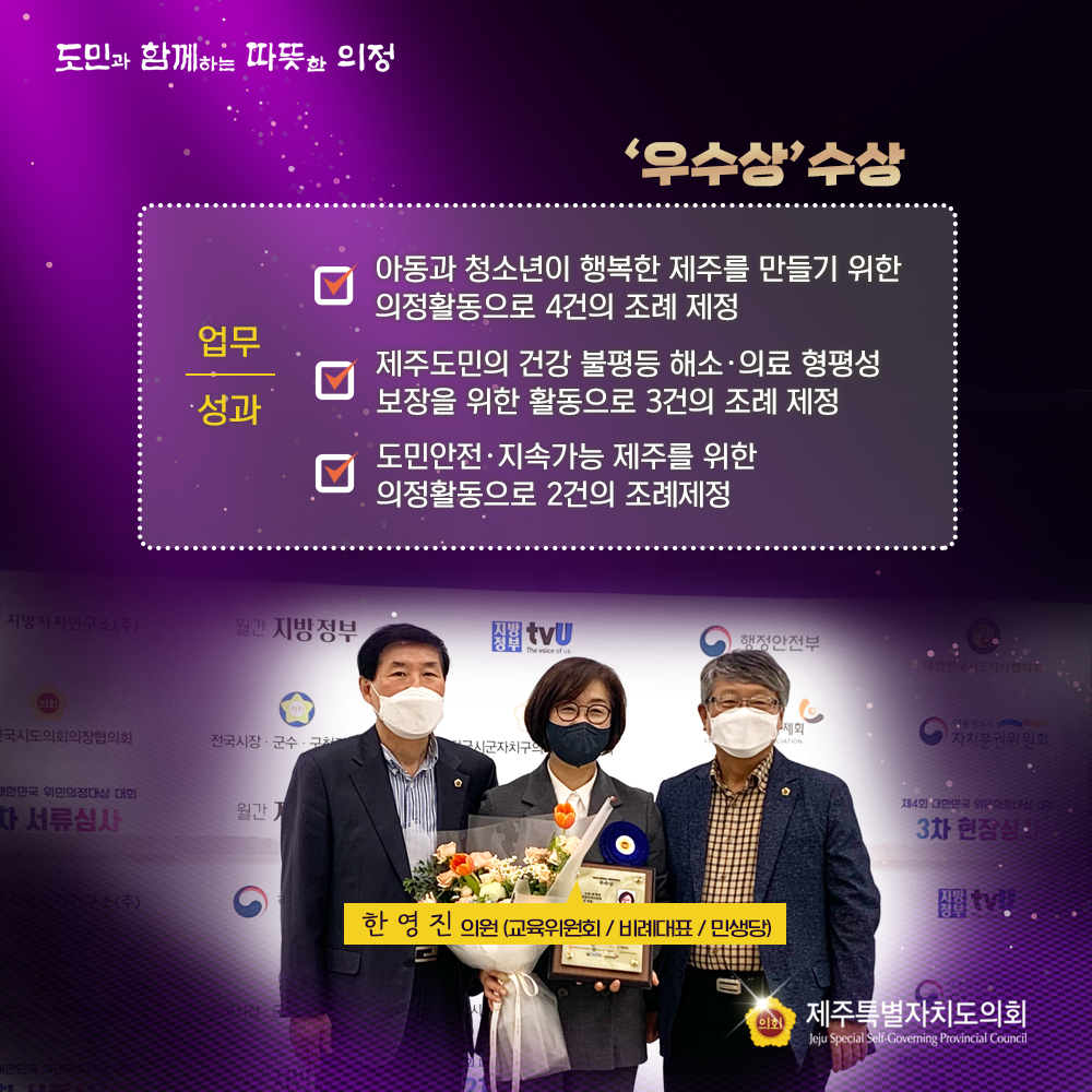 우수상 수상(한영진의원/교육위원회/ 비례대표/민생당) 업무성과 : 아동과 청소년이 행복한 제주를 만들기 위한 의정활동으로 4건의 조례 제정, 제주도민의 건강 불평등 해소 및 의료형평성 보장을 위한 활동으로 3건의 조례 제정, 도민안전과 지속가능한 제주를 위한 의정활동으로 2건의 조례 제정