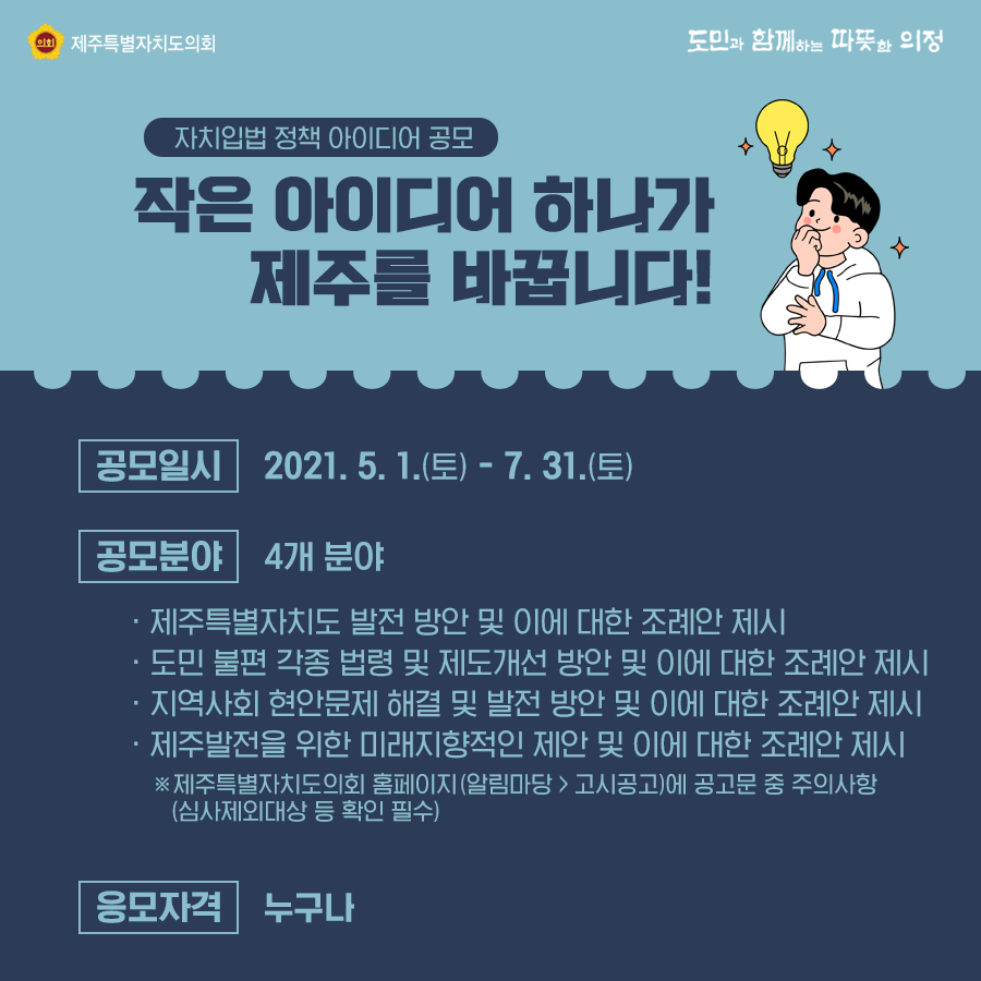작은 아이디어 하나가 제주를 바꿉니다.   공모일시:2021.5.1(토)~7.31(토) 공모분야:4개분야   제주특별자치도 발전방안 및 이에대한 조례안 제시, 도민불편 각종법령 및 제도개선 방안 및 이에대한 조례안 제시, 지역사회 현안문제 해결 및 발전방안 및 이에대한 조례안 제시, 제주발전을 위한 미래지향적인 제안 및 이에대한 조례안 제시(제주특별자치도의회 홈페이지(알림마당)>고시공고)에 공모문 중 주의사항(심사제외대상 등 확인필수)  응모자격:누구나