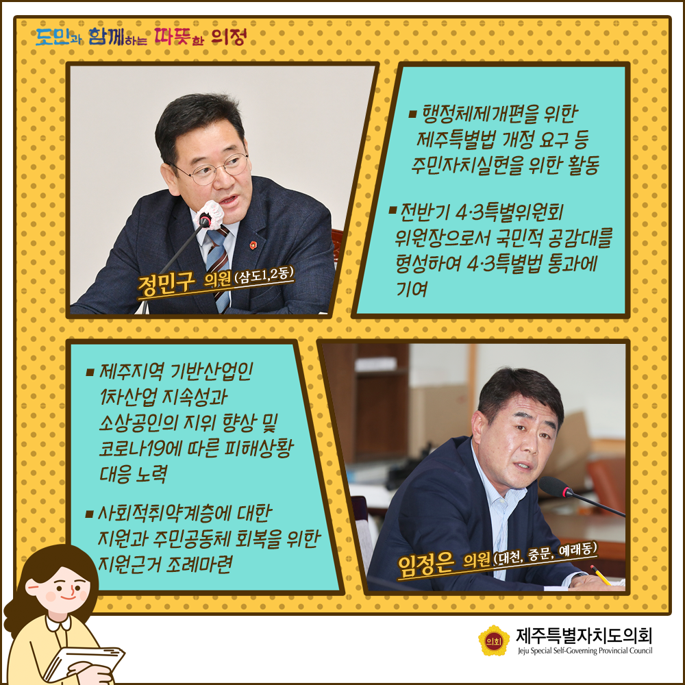 정민구의원(삼도1,2동) : 행정체제개편을 위한 제주특별법 개정 요구 등 주민자치실현을 위한 활동, 전반기 4.3특별위원회 위원장으로서 국민적 공감대를 형성하여 4.3특별법 통과에 기여   임정은의원(대천, 중문, 예래동):제주지역 기반산업인 1차산업 지속성과 소상공인의 지위향상 및 코로나19에 따른 피해상황 대응노력, 사회적취약계층에 대한 지원과 주민공동체 회복을 위한 지원근거 조례마련