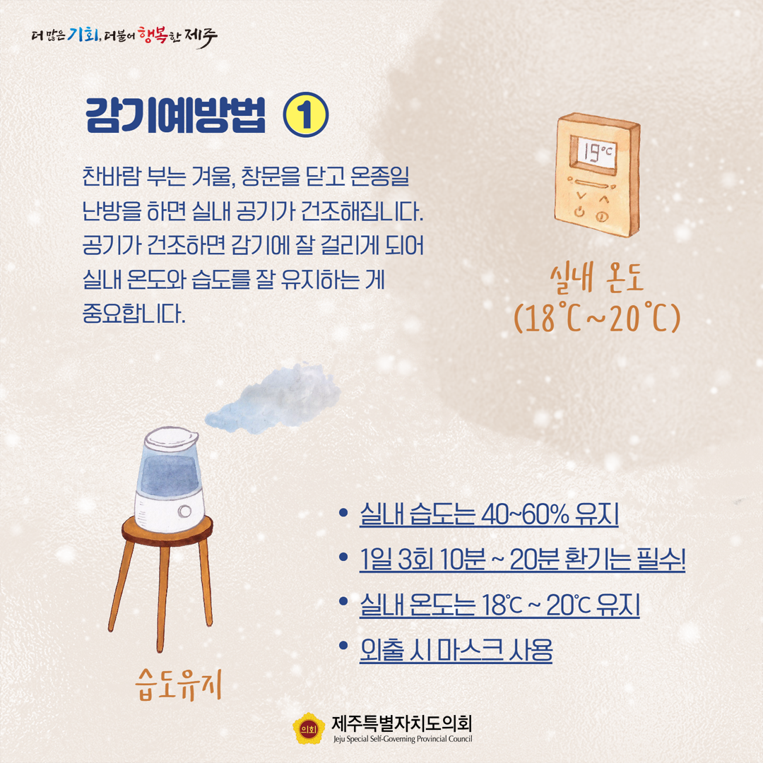 감기예방법1 찬바람 부는 겨울, 창문을 닫고 온종일 난방을 하면 실내 공기가 건조해집니다. 공기가 건조하면 감기에 잘 걸리게 되어 실내 온도와 습도를 잘 유지하는 게 중요합니다. / - 실내 습도는 40~60% 유지, - 1일 3회 10분 ~ 20분 환기를 필수!, - 실내 온도는 18℃~20℃ 유지, 외출 시 마스크 사용