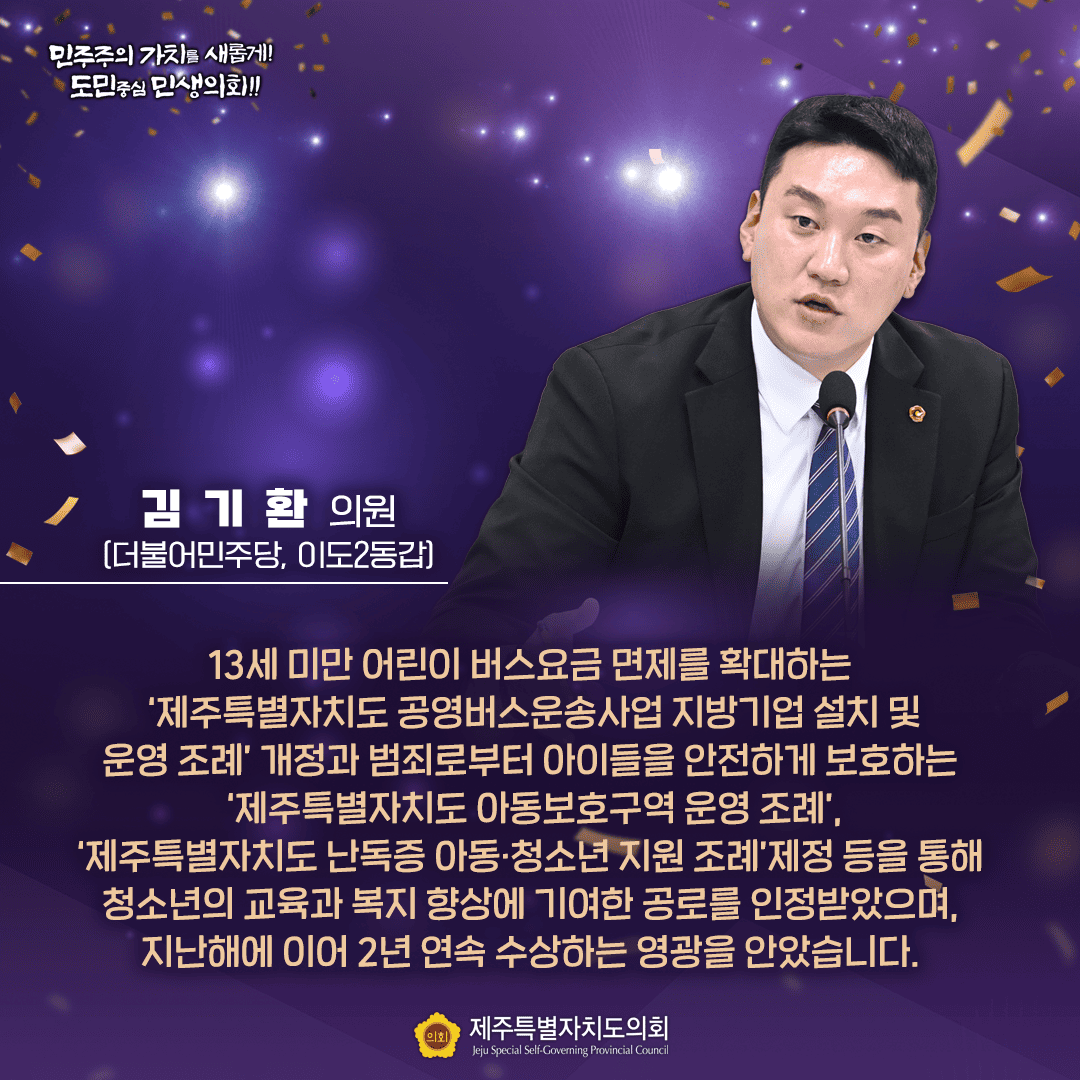 김기환 의원 (더불어민주당, 이도2동갑) 13세 미만 어린이 버스요금 면제를 확대하는 '제주특별자치도 공영버스운송사업 지방기업 설치 및 운영 조례 개정과 범죄로부터 아이들을 안전하게 보호하는 '제주특별자치도 아동보호구역 운영 조례', '제주특별자치도 난독증 아동·청소년 지원 조례제정 등을 통해 청소년의 교육과 복지 향상에 기여한 공로를 인정받았으며, 지난해에 이어 2년 연속 수상하는 영광을 안았습니다. 민주주의 가치를 새롭게! 도민중심 민생의회!! 제주특별자치도의회 Jeju Special Self-Governing Provincial Council