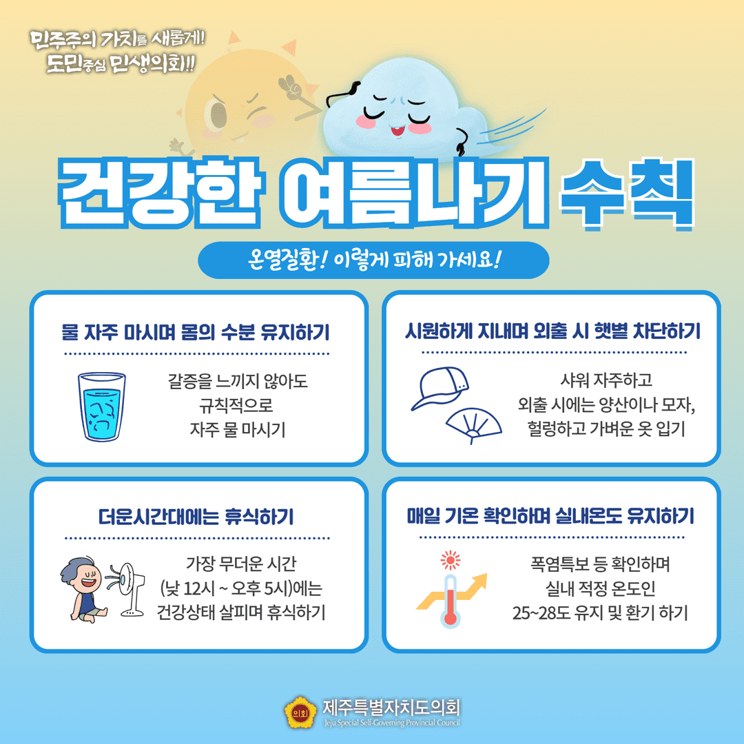 건강한 여름나기 수칙   물자주마시며 몸의 수분 유지하기, 시원하게 지내며, 외출시 햇볓 차단하기, 더운시간대에는 휴식하기, 매일 기온 확인하며 실내온도 유지하기