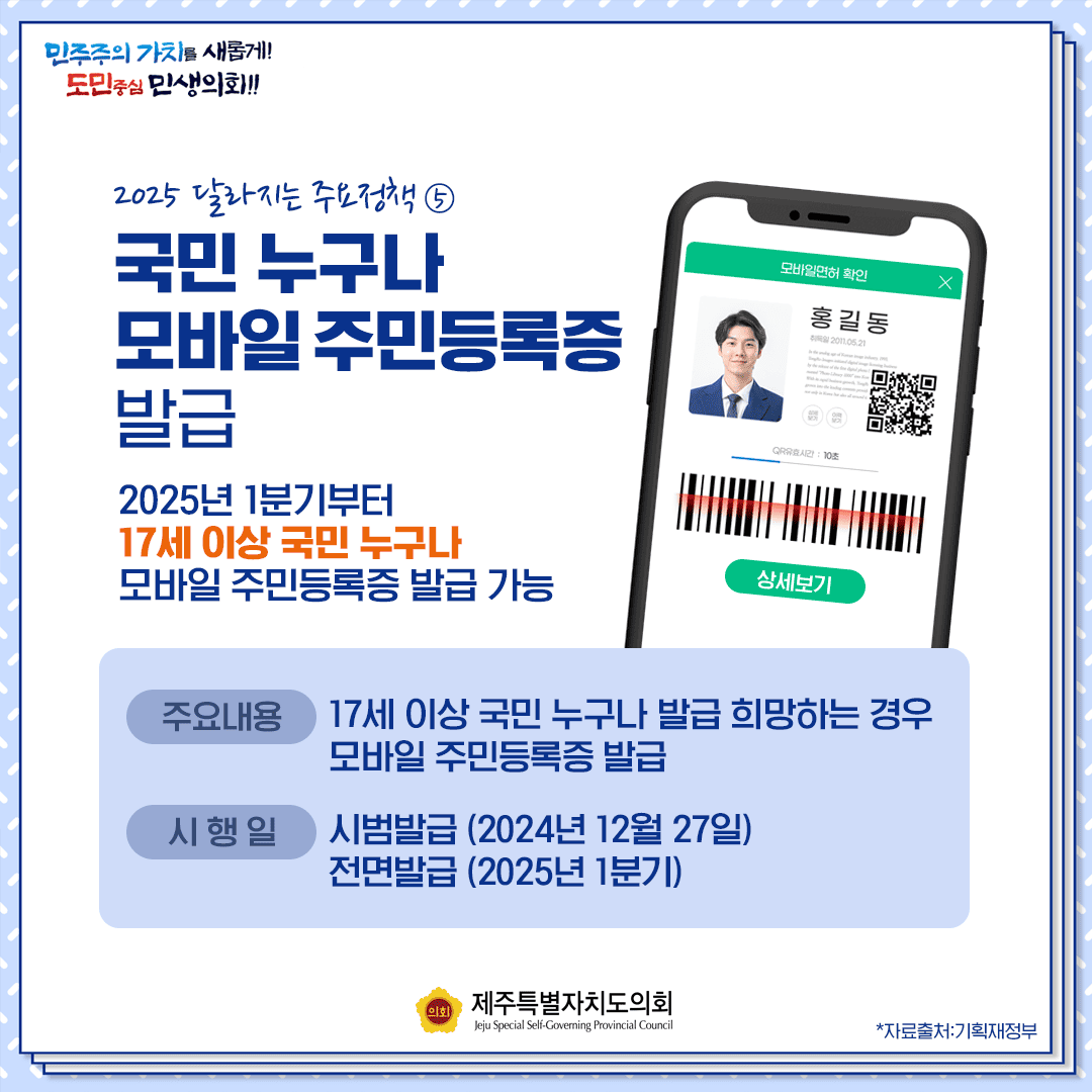 2025 달라지는 주요정책 5 국민 누구나 모바일 주민등록증 발급 2025년 1분기부터 17세 이상 국민 누구나 모바일 주민등록증 발급 가능 주요내용 17세 이상 국민 누구나 발급 희망하는 경우 모바일 주민등록증 발급 시행일 시범발급 (2024년 12월 27일) 전면발급 (2025년 1분기) 민주주의 가치를 새롭게! 도민중심 민생의회!! 제주특별자치도의회 Jeju Special Self-Governing Provincial Council *자료출처:기획재정부
