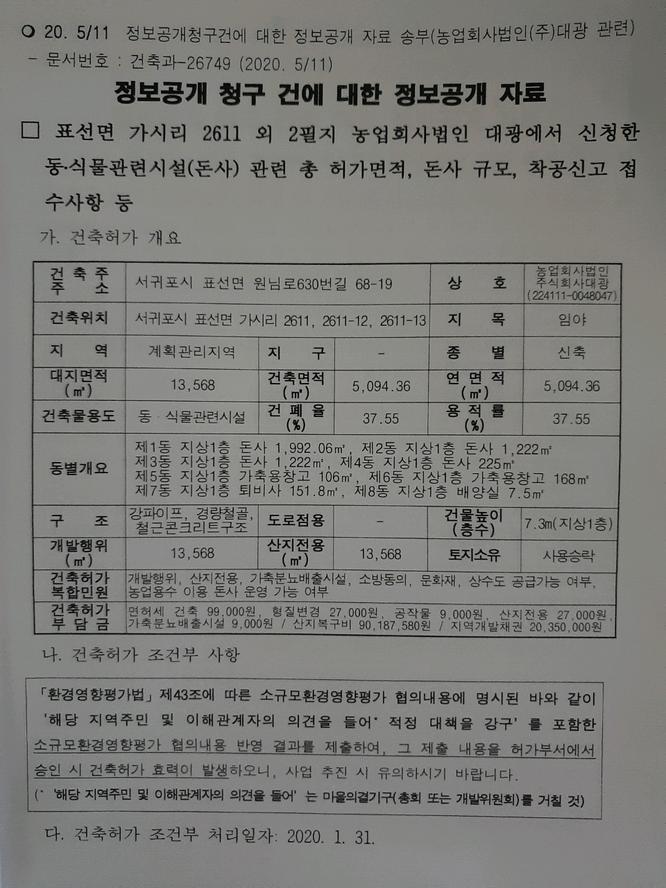 농업회사법인 주식회사 대광의 동식물관련시설(돈사)관련 건축허가 조건부 사항에 대한 유권해석 요청