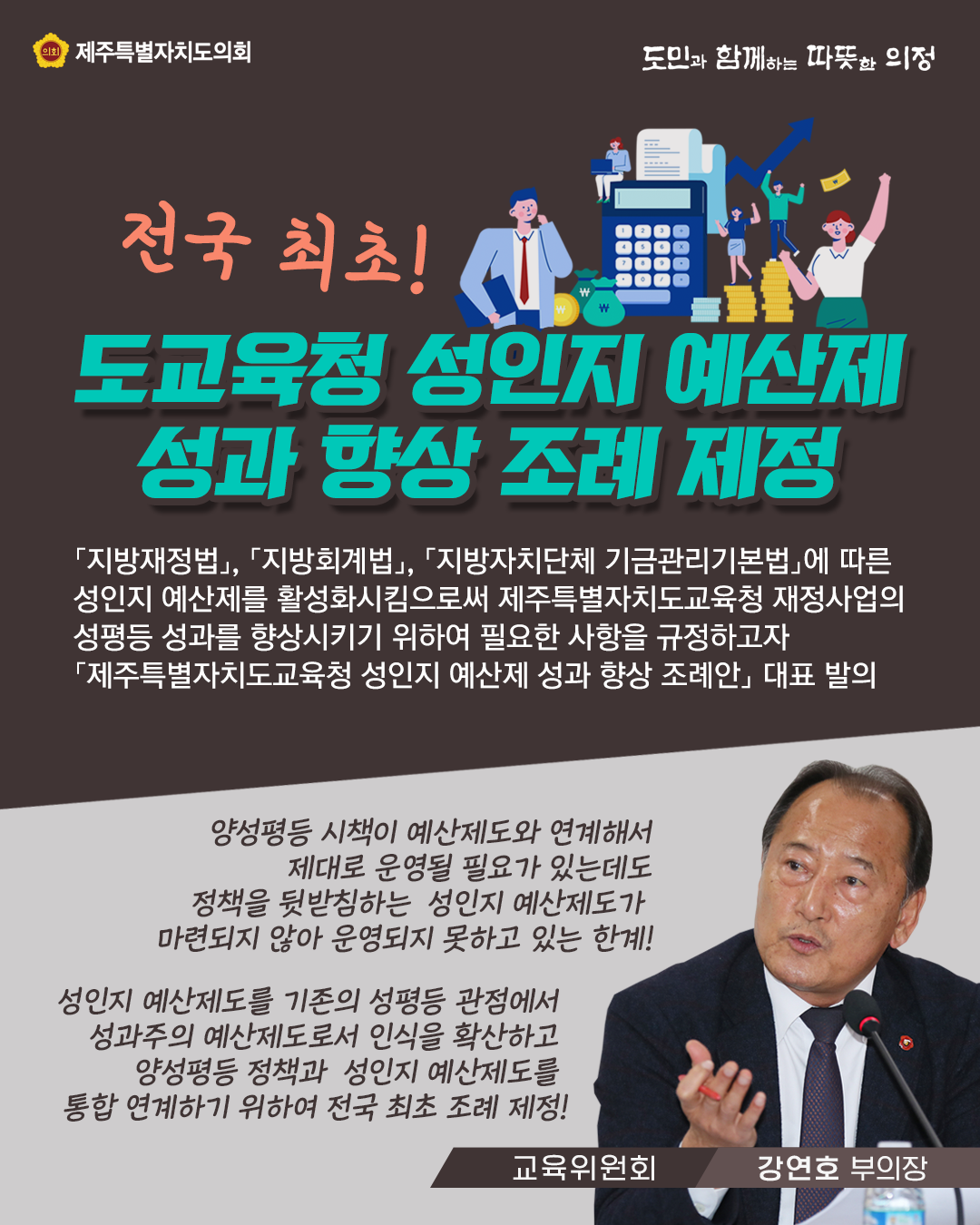 전국 최초! 도교육청 성인지 예산제 성과향상 조례 제정   '지방재정법', '지방회계법', '지방자치단체 기금관리 기본법'에 따른 성인지 예산제를 활성화시킴으로서 제주특별자치도교육청 재정 사업의 성평등 성과를 향상시키기 위하여 필요한 사항을 규정하고자 '제주특별자치도교육청 성인지 예산제 성과 향상 조례안'대표 발의   양성평등 시책이 예산제도와 연계해서 제대로 운영될 필요가 있는데도 정책을 뒷받침하는 성인지 예산제도가 마련되지 않아 운영되지 못하고 있는 한계! 성인지 예산제도를 기존의 성평등 관점에서 성과주의 에산제도로서 인식을 확산하고 양성평등 정책과 성인지 예산제도를 통합 연계하기 위하여 전국 최초 조례 제정! 